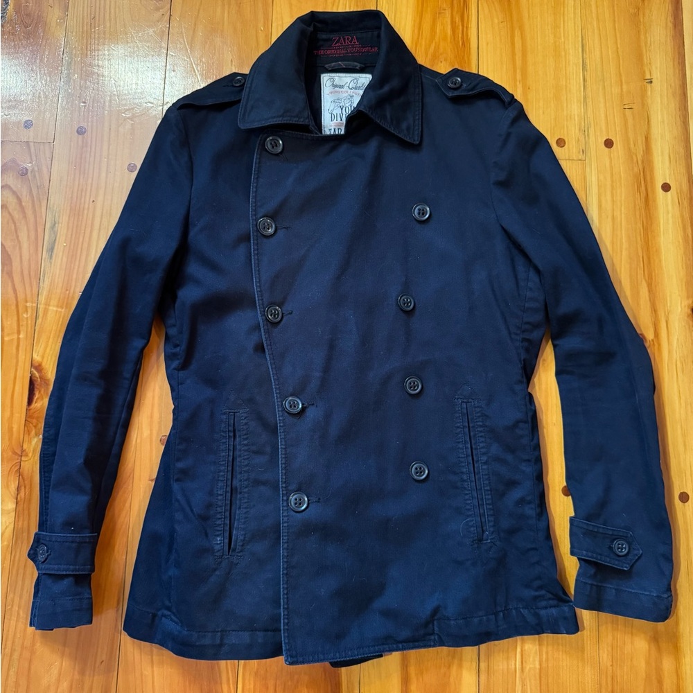 Zara Men's Navy canvas Military style Peacoat Jacket
